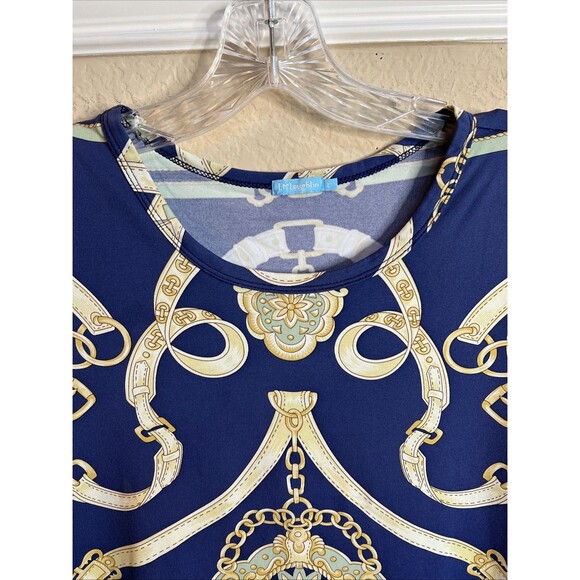 J. McLaughlin blue & gold graphic top Size L Versace Vibes - Picture 5 of 10
